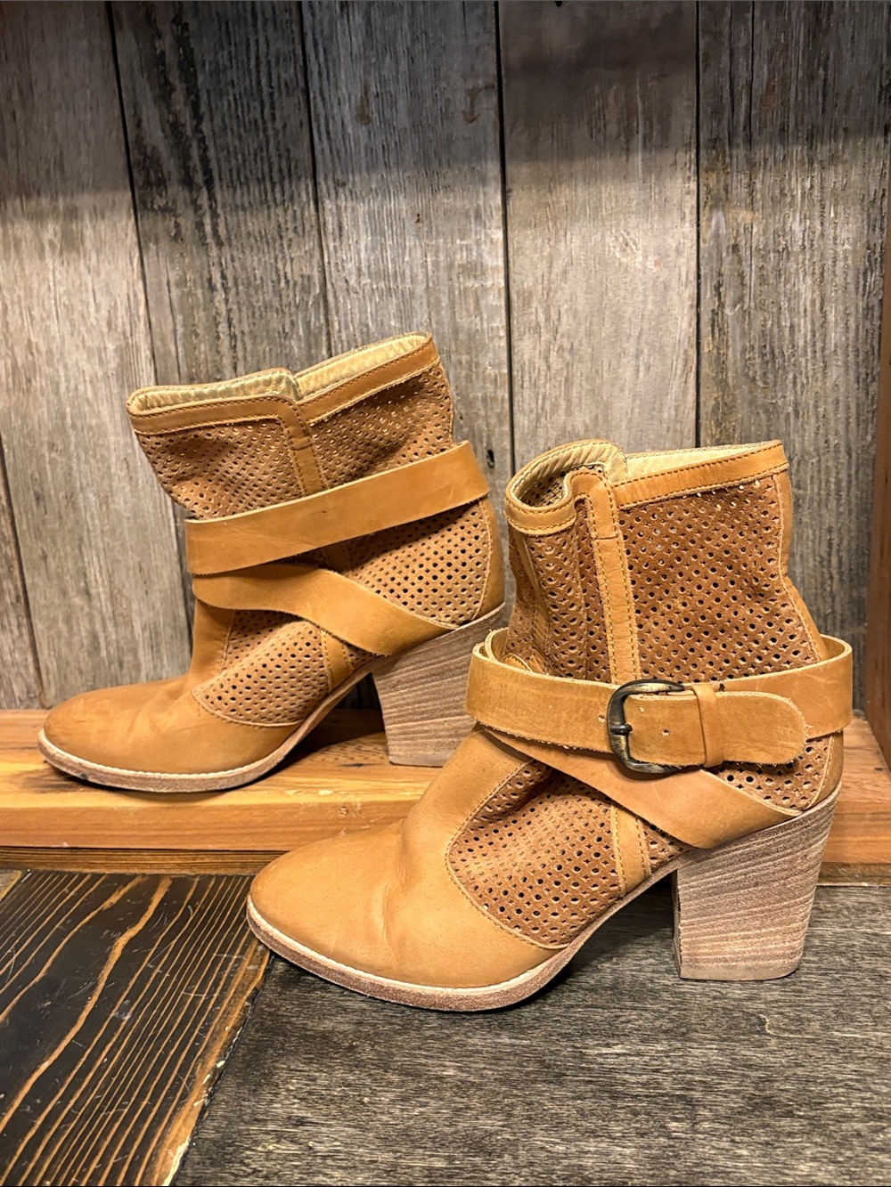 Aquatalia Tan Suede Perforated Wrap-Buckle Ankle Boots
